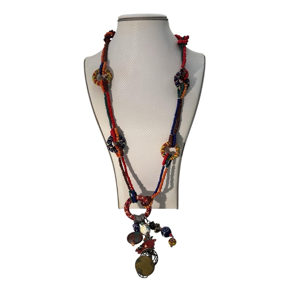 Fun Otreska boho colorful beaded owl birdcage‎ charm 28" long necklace